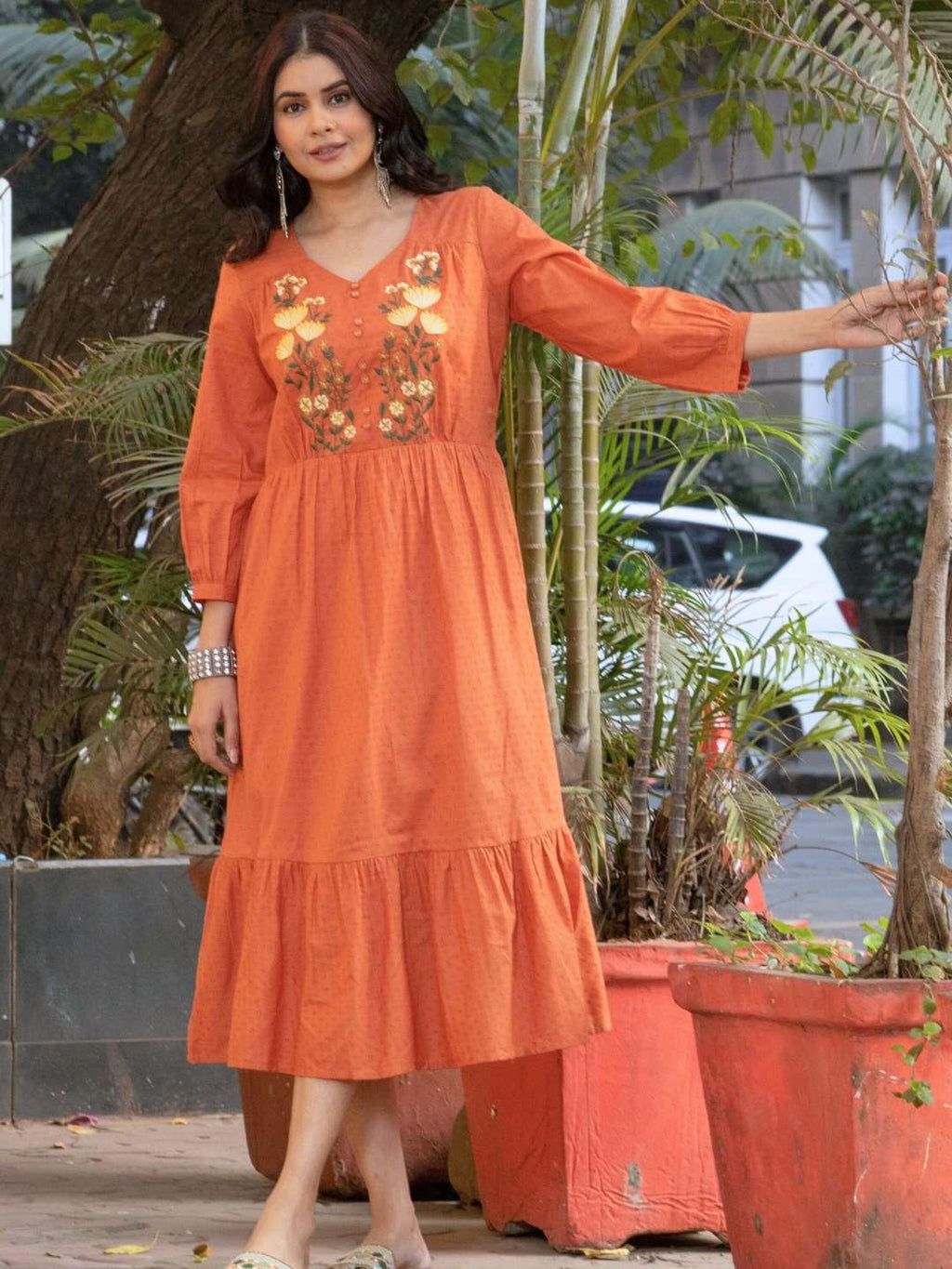 Orange Cotton Tiered Midi Dress