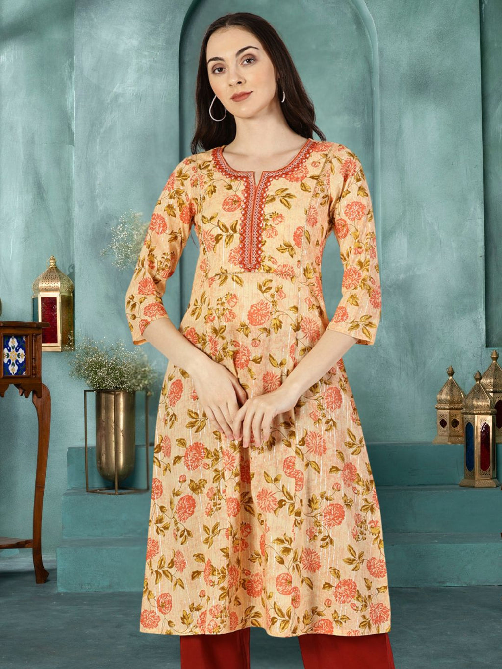 Peach Floral Print Kurta with Yoke Embroidery