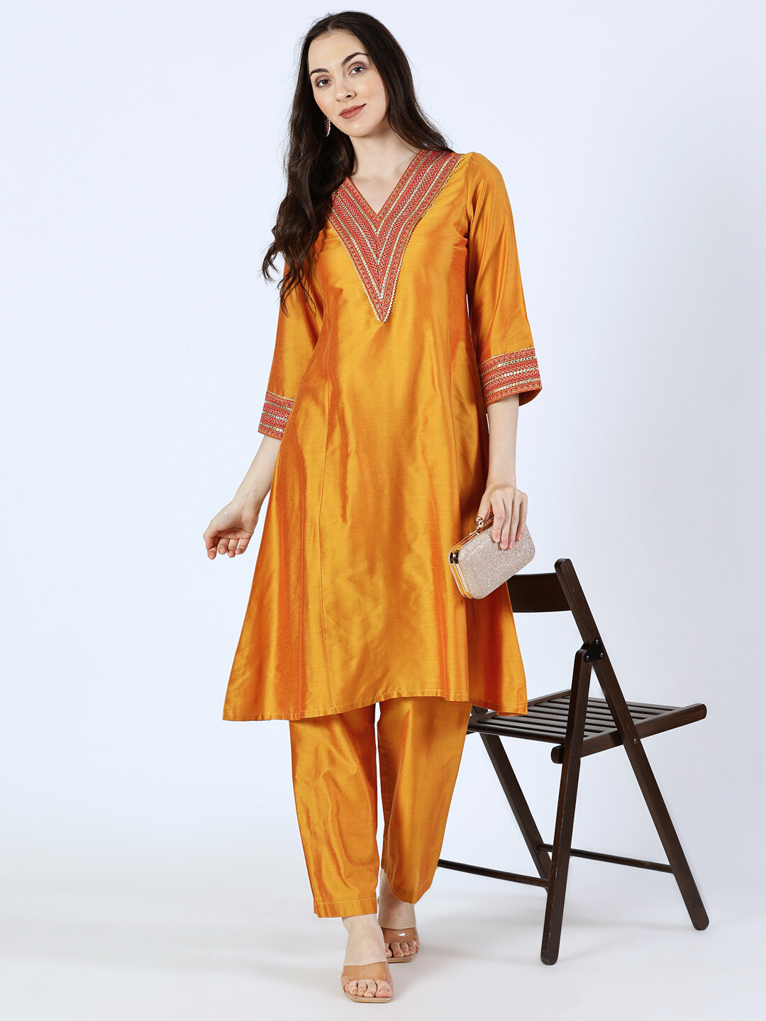 Orange Art Silk Embroidered Lace Kurta and Palazzo Set