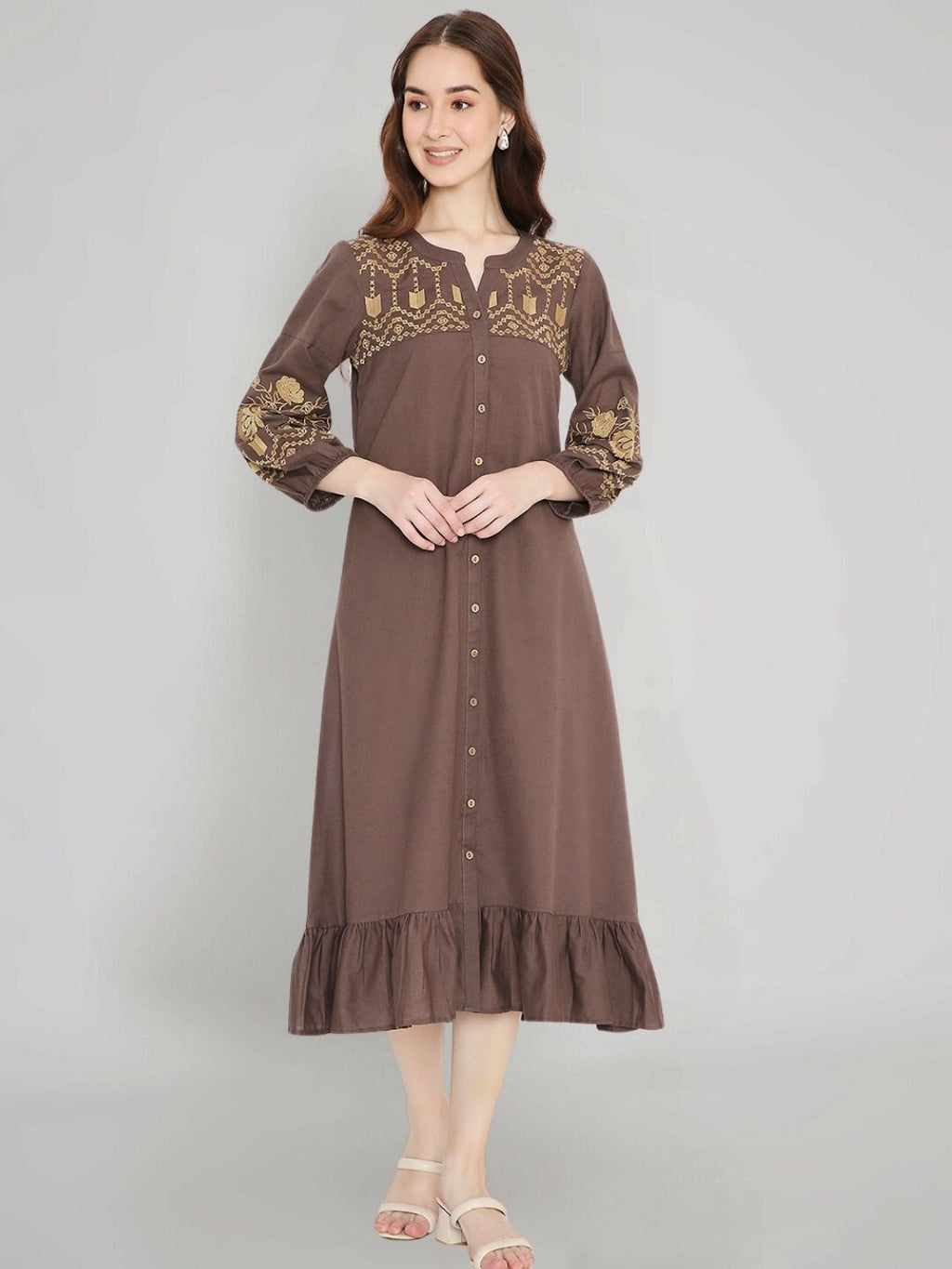 Brown Boho Midi Dress with Embroidered Details – Saffron Threads