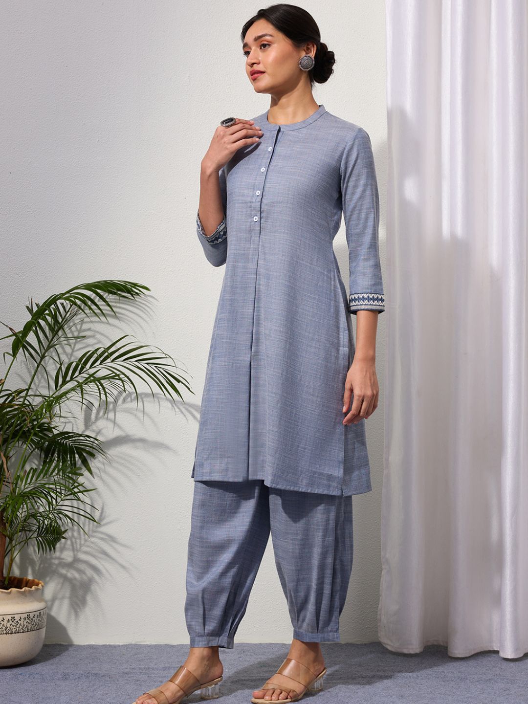 Blue Chambray Kurta Set with Pleated Pants for Women | Saffron Threads