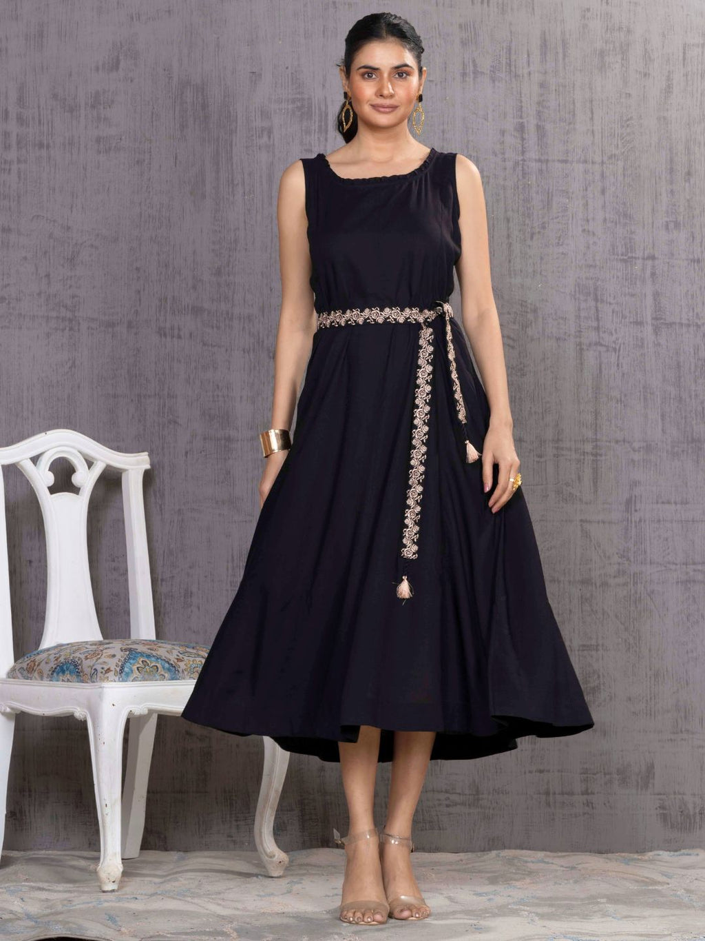 Imperial Black Parsi Gara Belted A-Line Dress