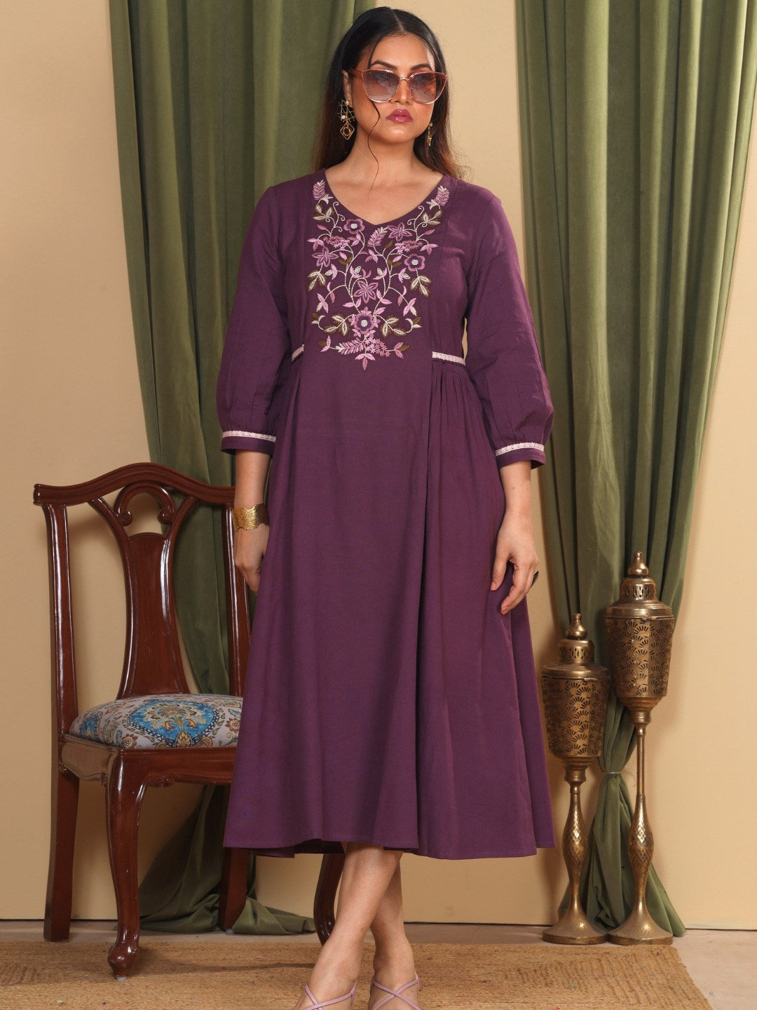 Aubergine Purple Embroidered Cotton-Linen Dress