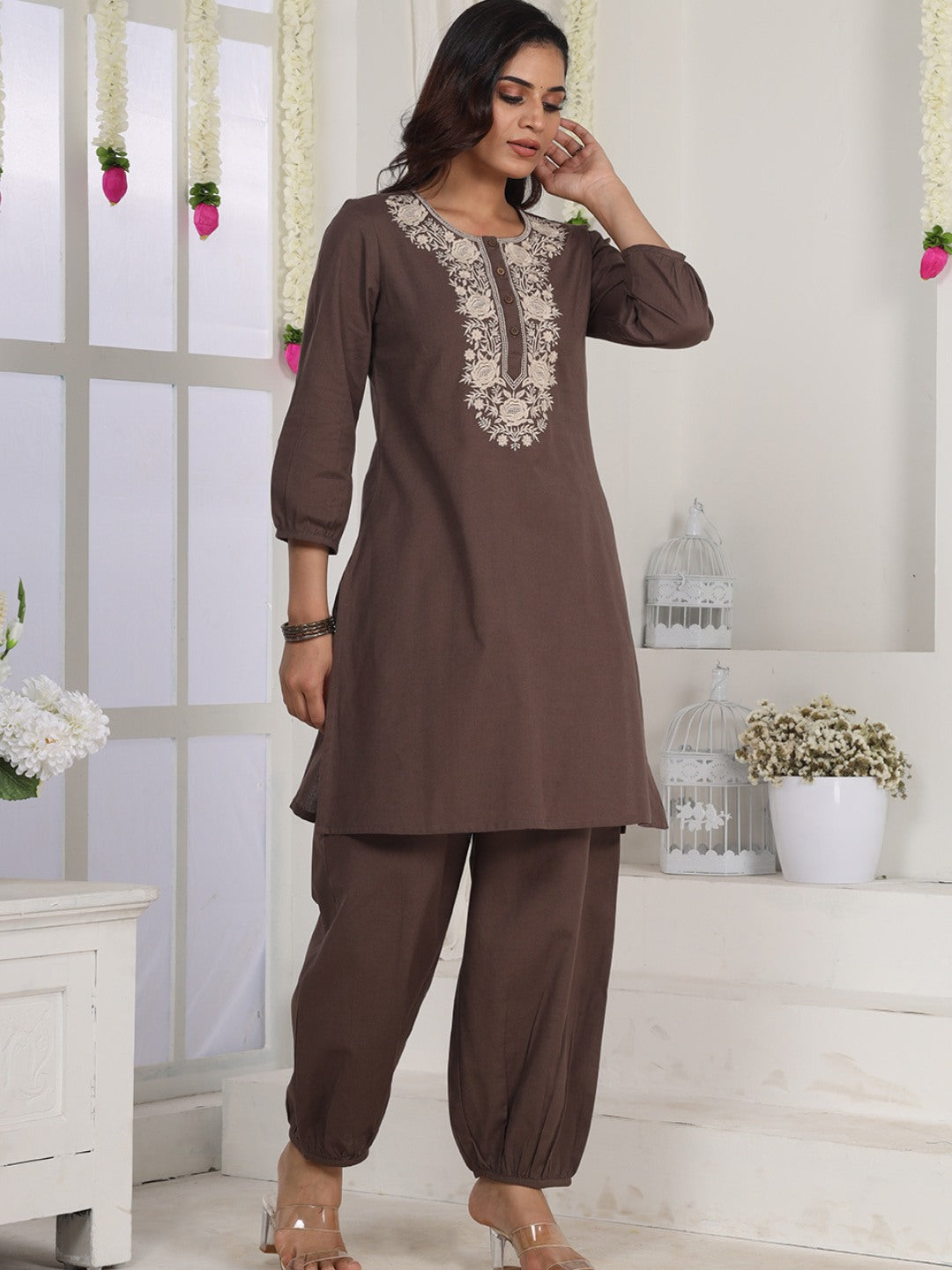 Vintage Walnut Embroidered Kurta Set with Piping Salwar