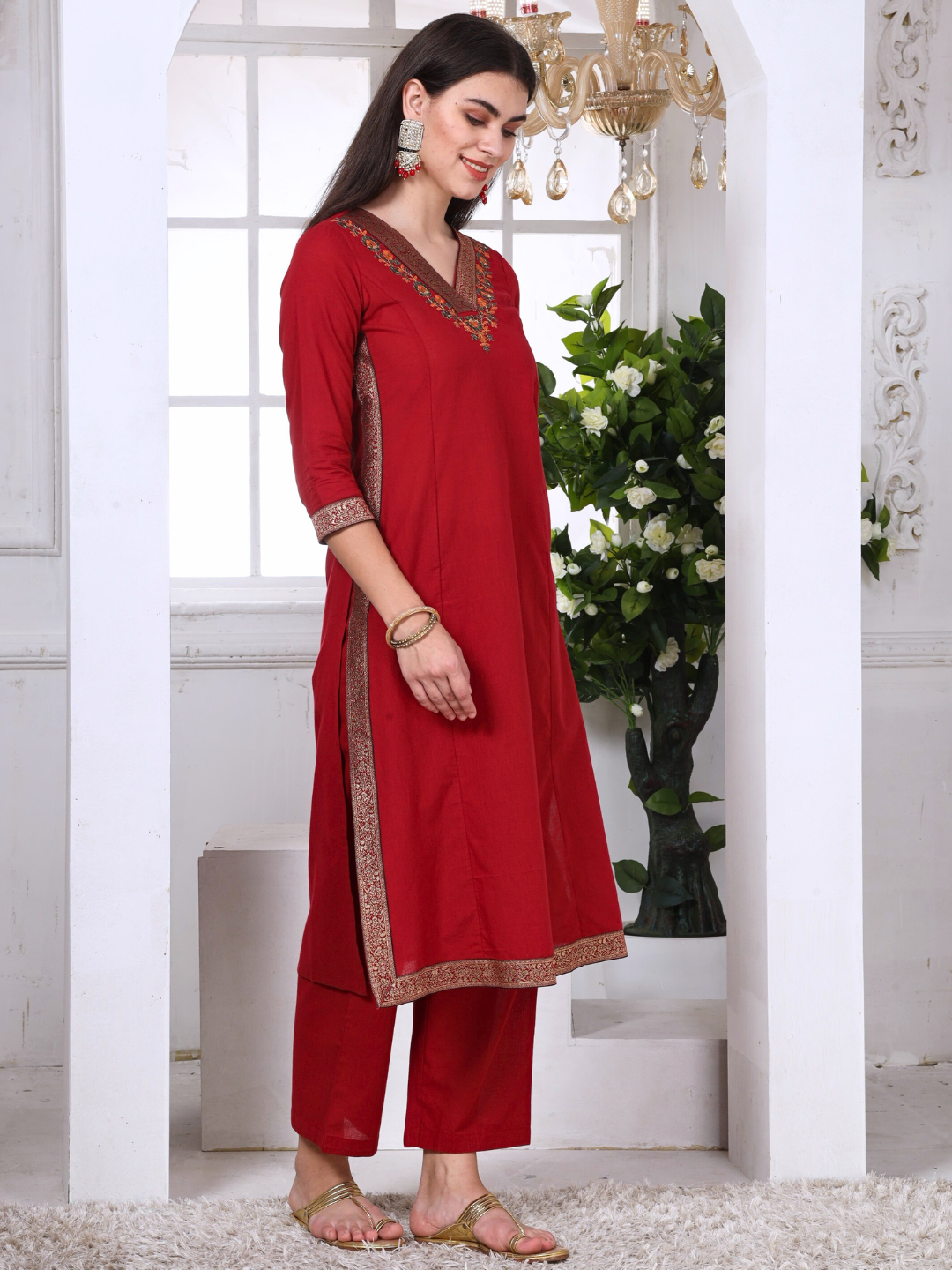 Red Cotton Embroidered Kurta Set with Brocade Lace