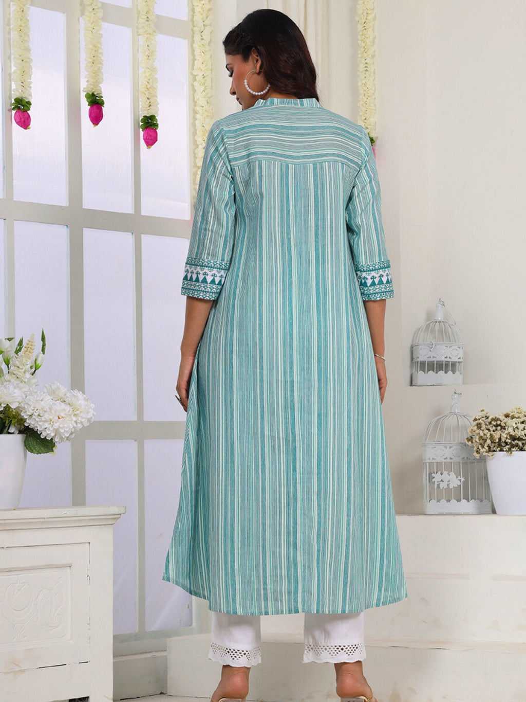 Aqua Teal Striped Cotton Kurta for Women