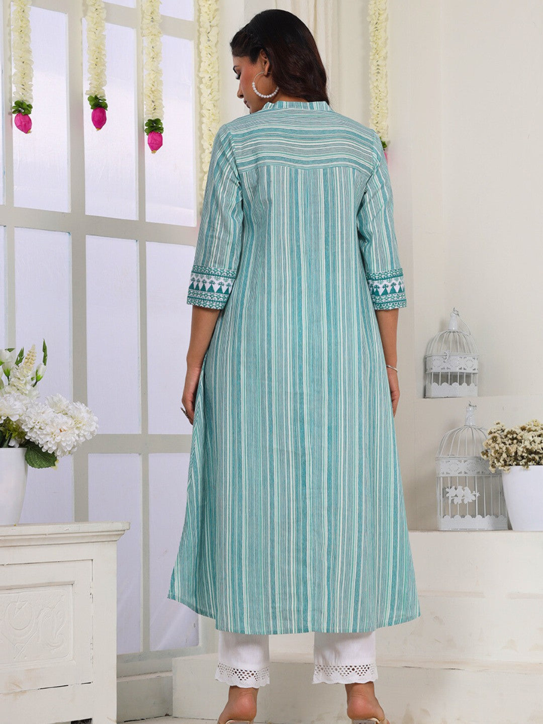 Aqua Teal Striped Cotton Kurta for Women