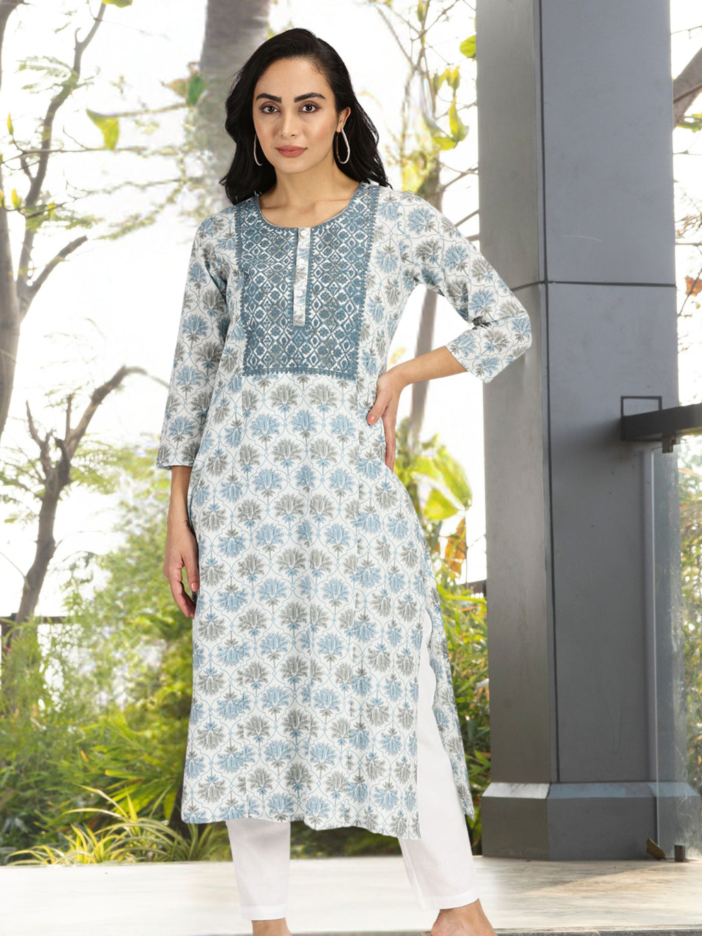 White-Blue Lotus Print Kurta with Yoke Embroidery