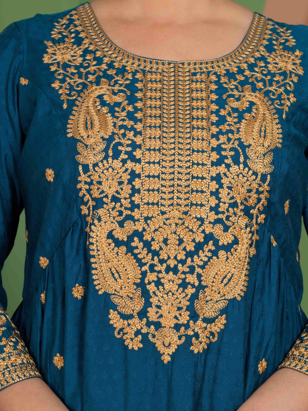 Midnight Teal Kashida Embroidered Fit and Flare Kurta with Salwar and Dupatta