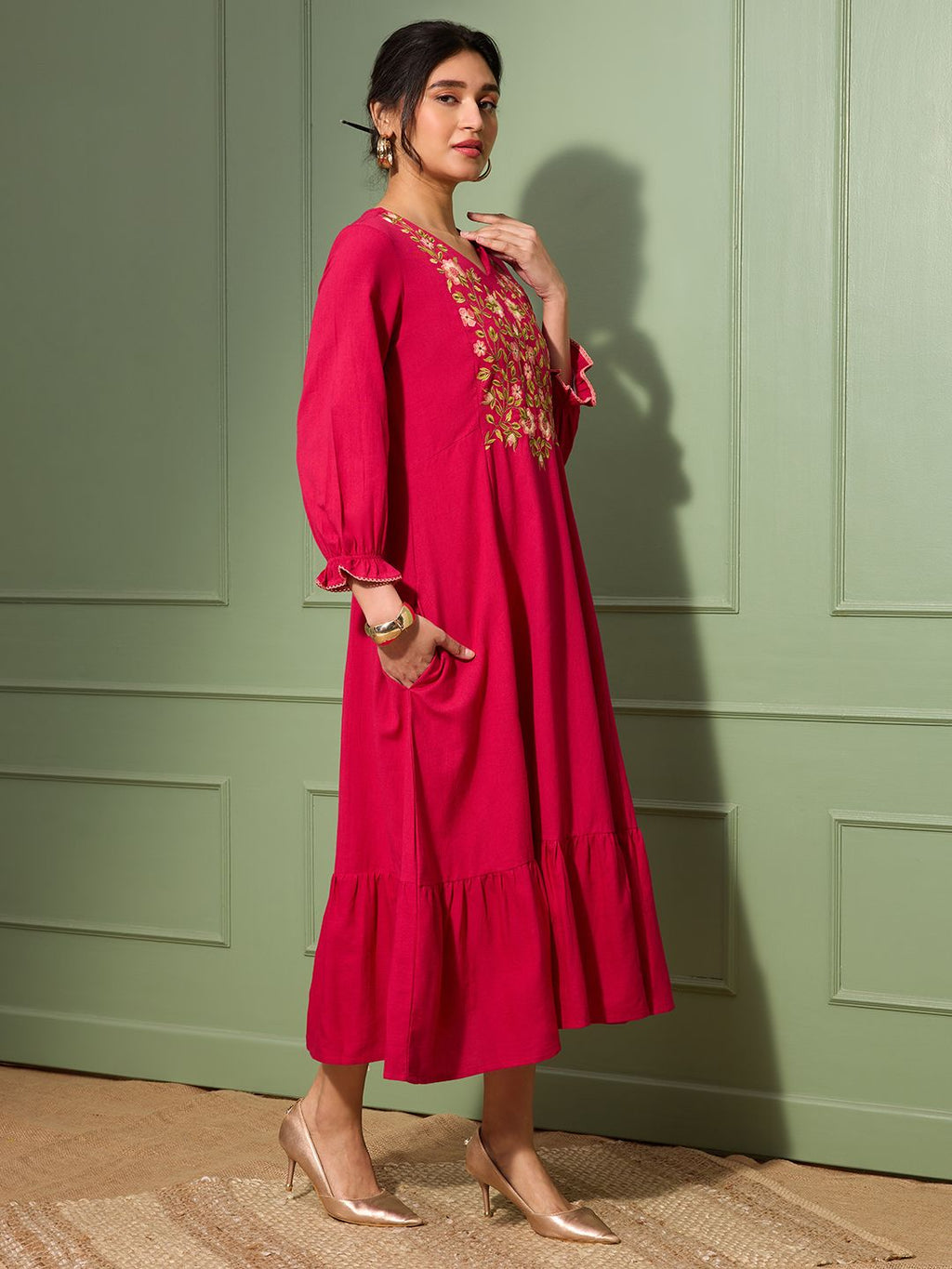 Orchid Magenta Embroidered Cotton Linen Dress