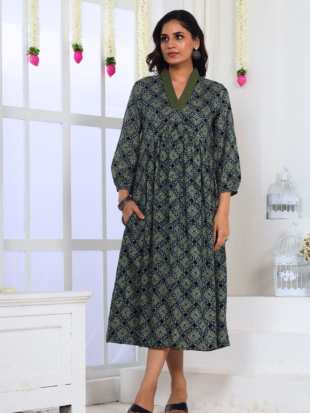 Blue Green Printed A-Line Dress with Embroidery and Pockets