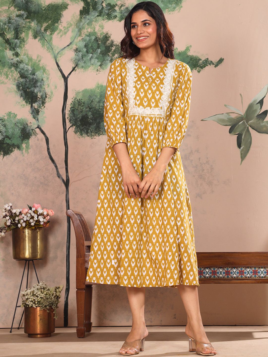 Golden Ochre Cotton Slub Dress Waist Yoke with Embroidery