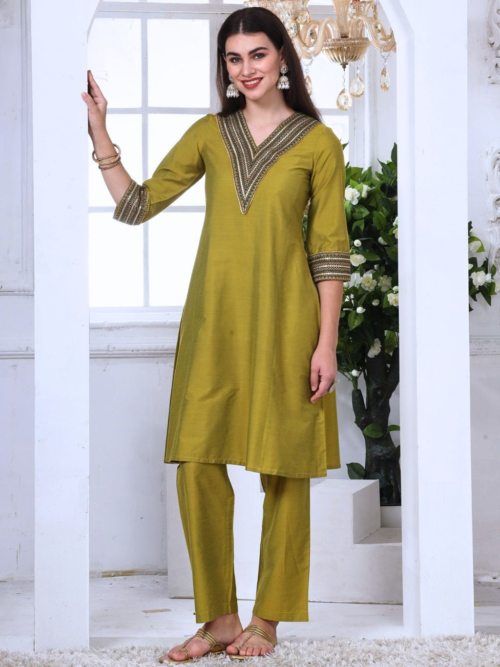 Green Art Silk Embroidered Lace Kurta and Palazzo Set