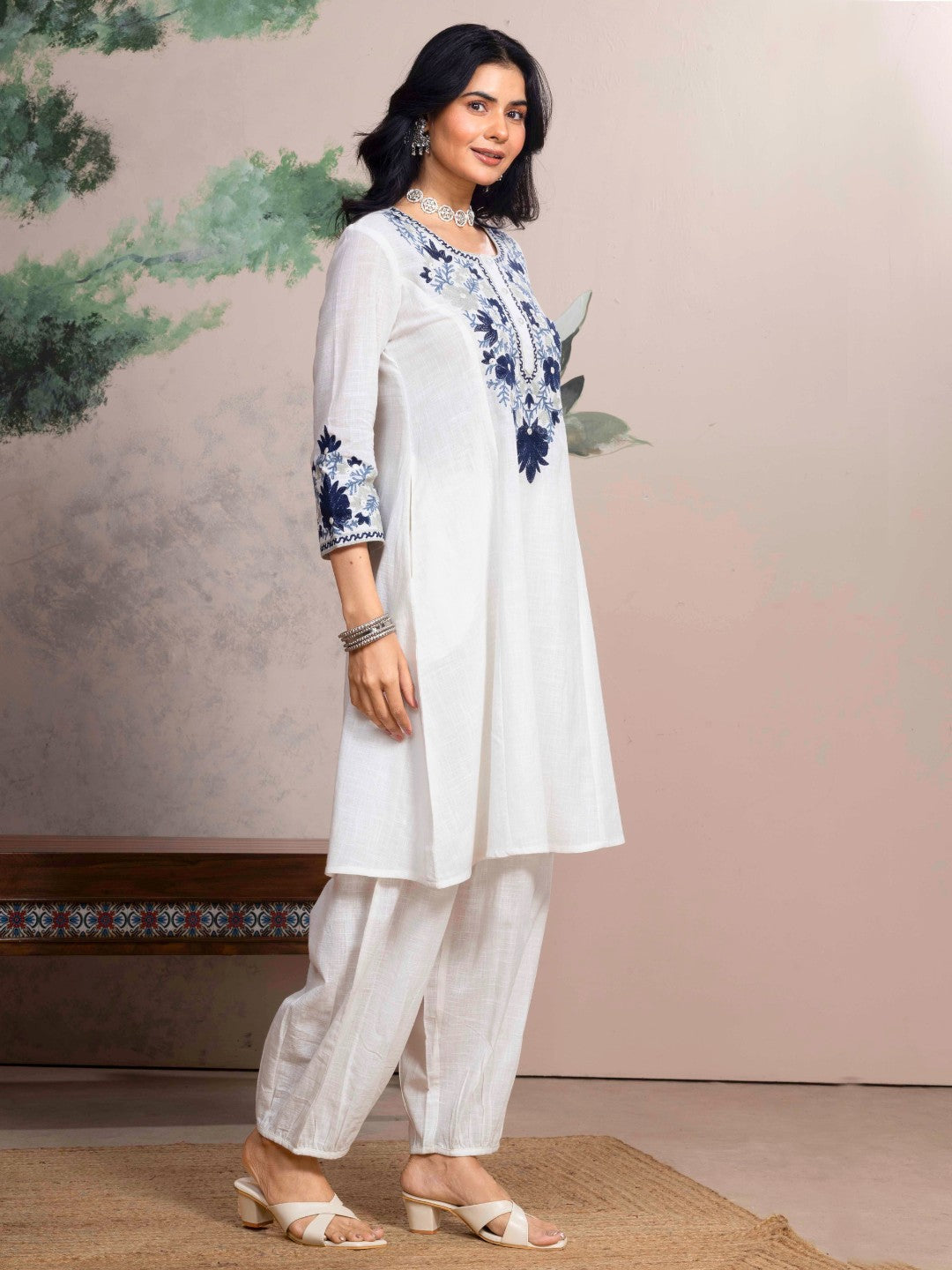 Soft White Kashida Embroidered A-Line Cotton Kurta Set with Salwar