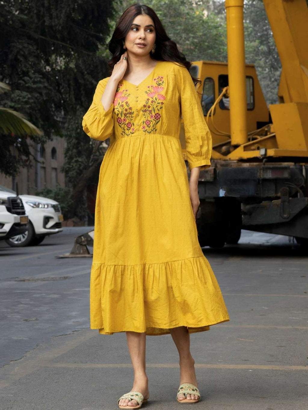 Mustard Cotton Tiered Midi Dress