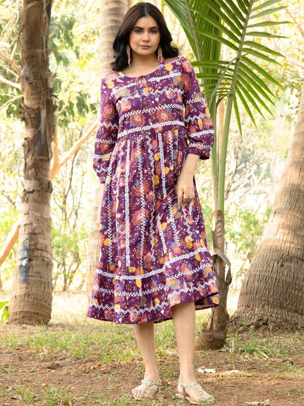 Wine Floral Print Cotton Embroidered Dress