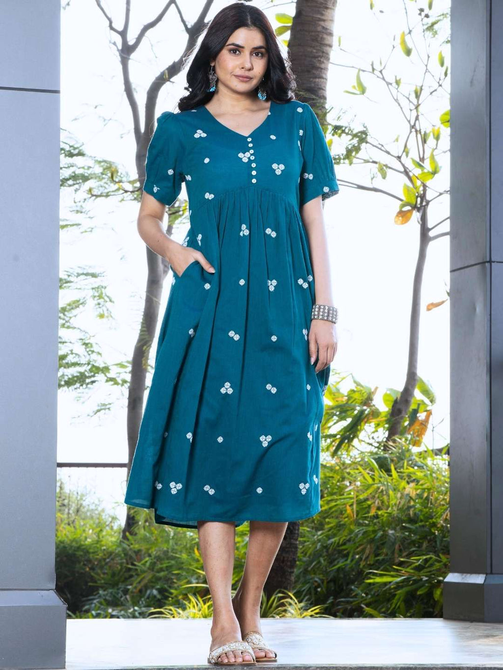 Teal Woven Design Cotton Midi Dress