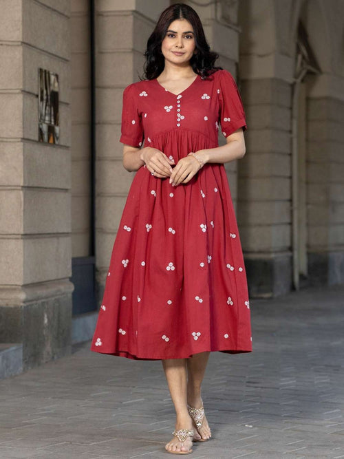 red dress with embroidery Red Cotton Midi Dress With Embroidery – Saffron Threads
