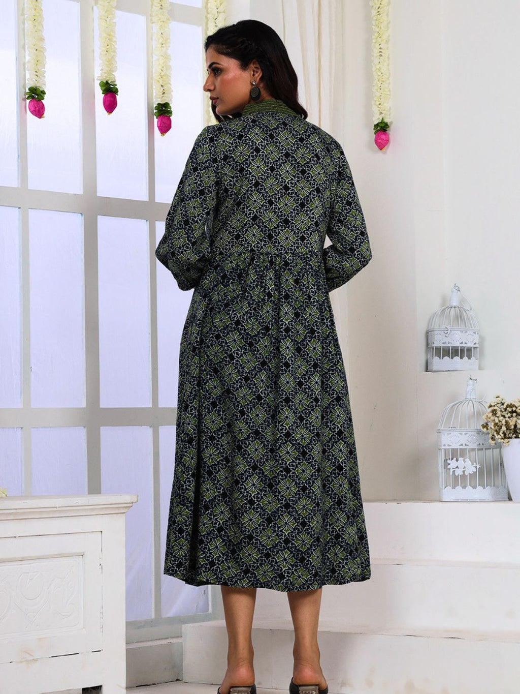 Blue Green Printed A-Line Dress with Embroidery and Pockets
