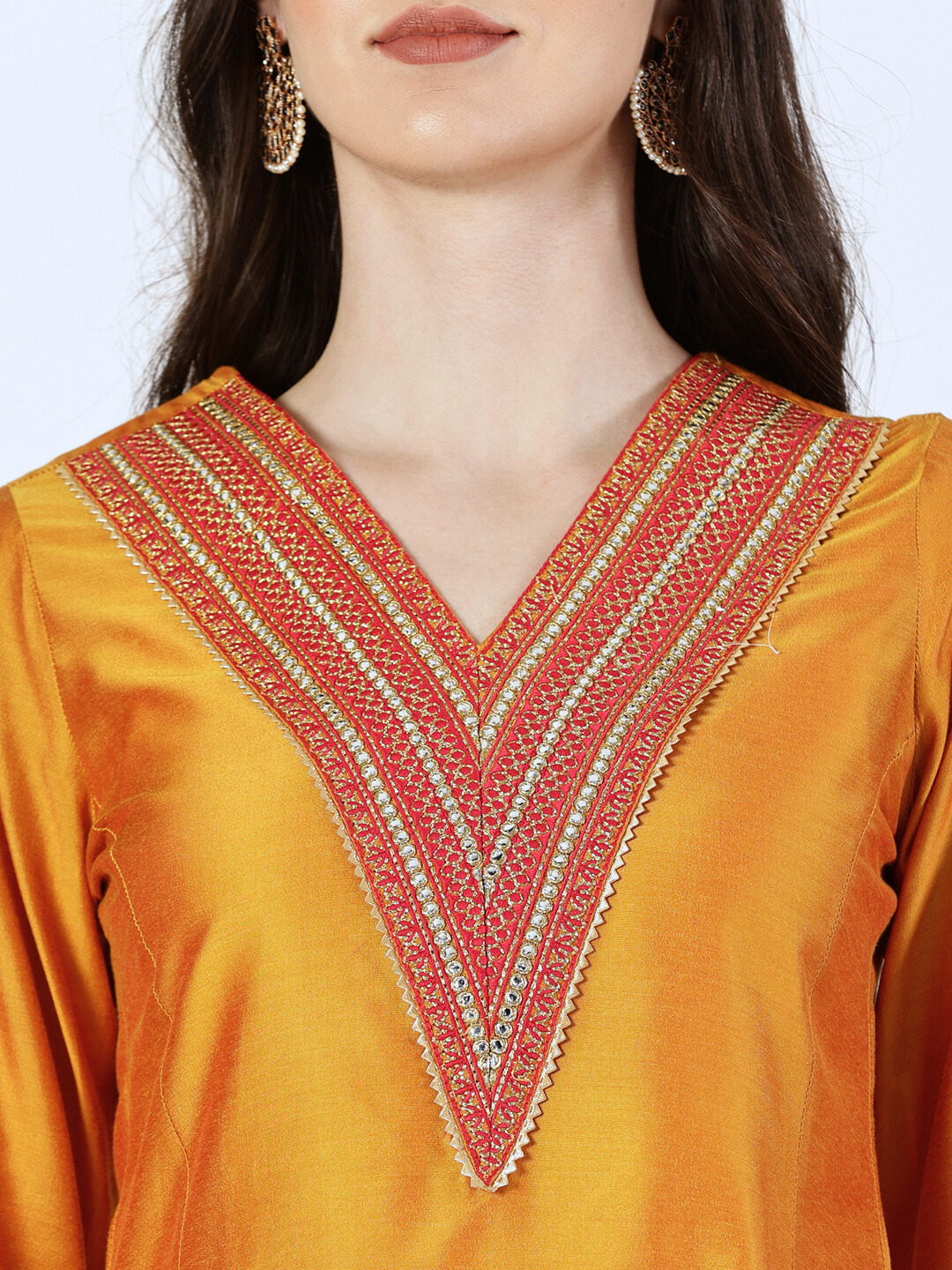 Orange Art Silk Embroidered Lace Kurta and Palazzo Set