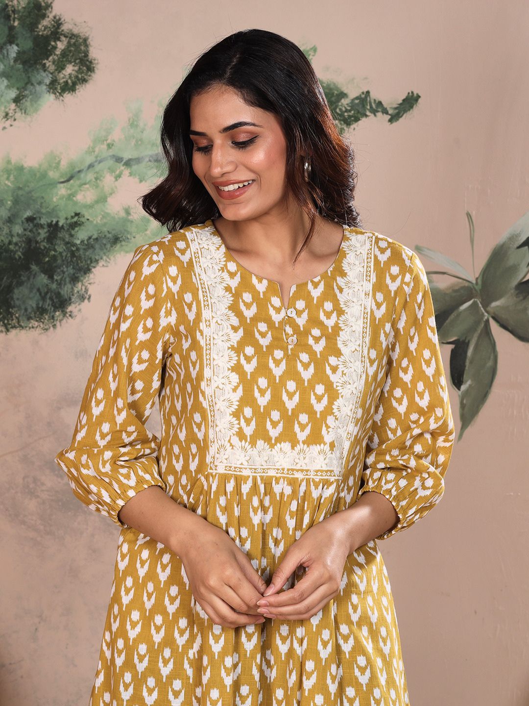 Golden Ochre Cotton Slub Dress Waist Yoke with Embroidery