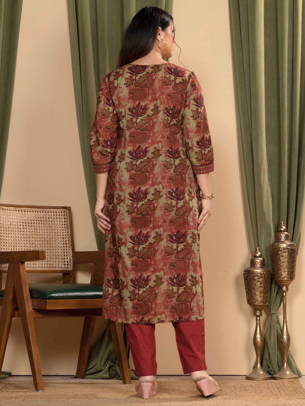 Rust Cotton Floral Sanganeri Kurta with Ornate Embroidered Neckline