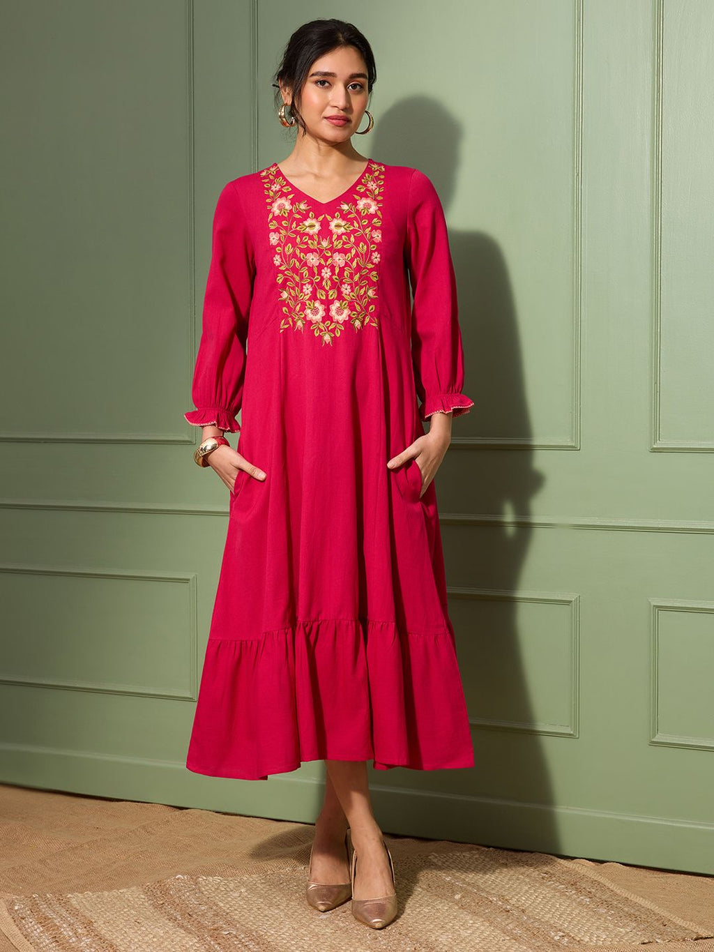 Orchid Magenta Embroidered Cotton Linen Dress