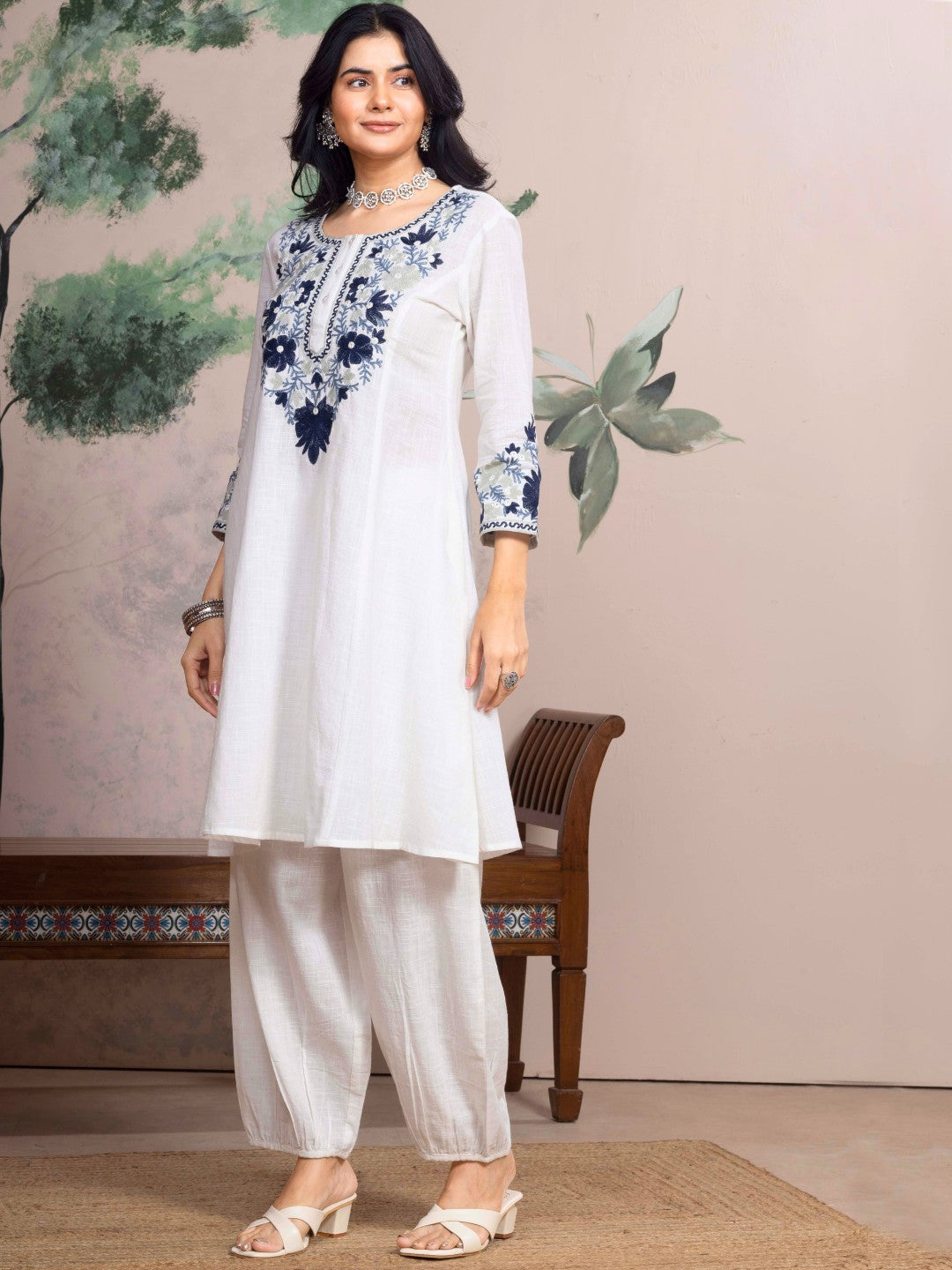 Soft White Kashida Embroidered A-Line Cotton Kurta Set with Salwar