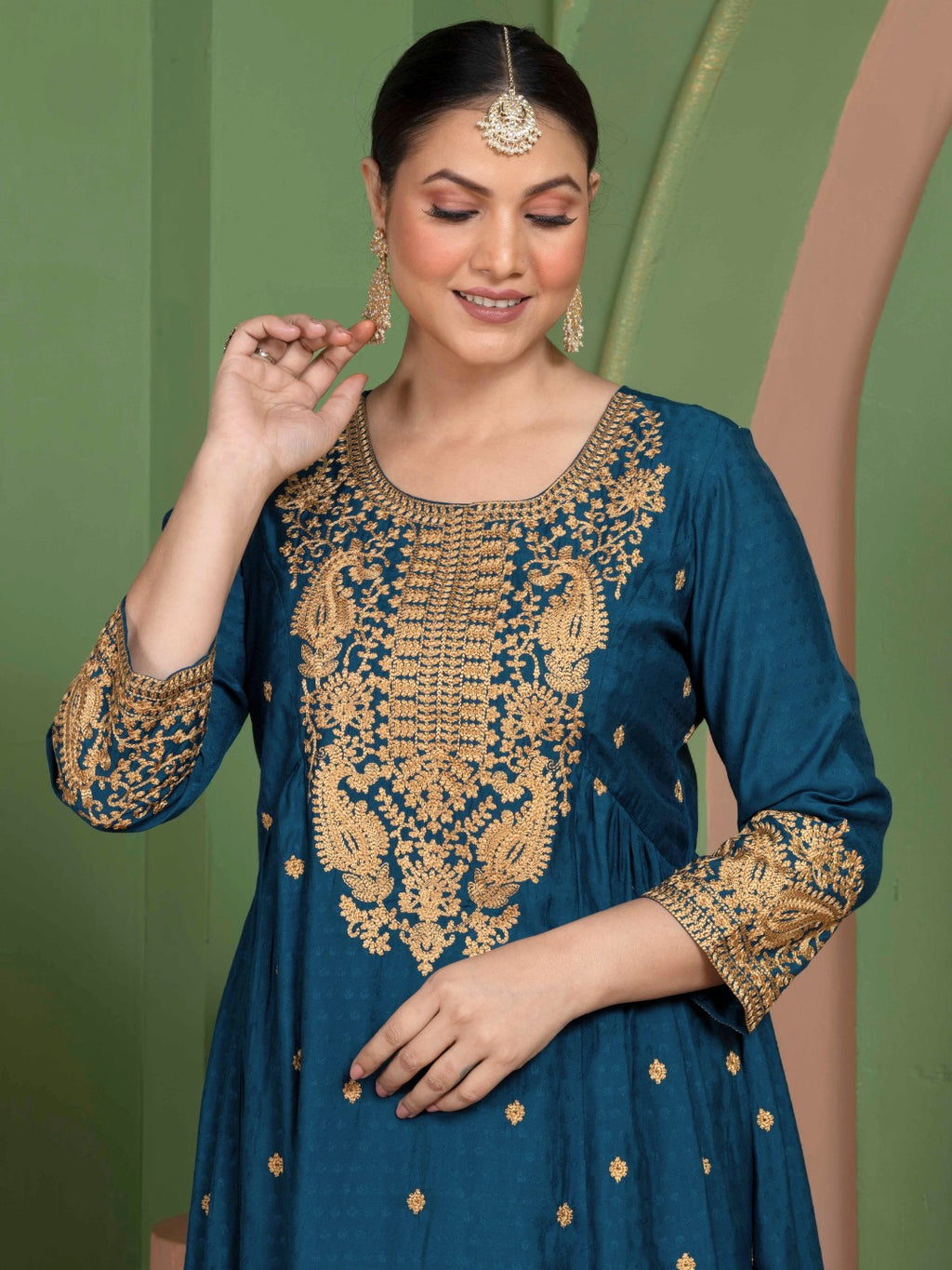 Midnight Teal Kashida Embroidered Fit and Flare Kurta with Salwar and Dupatta