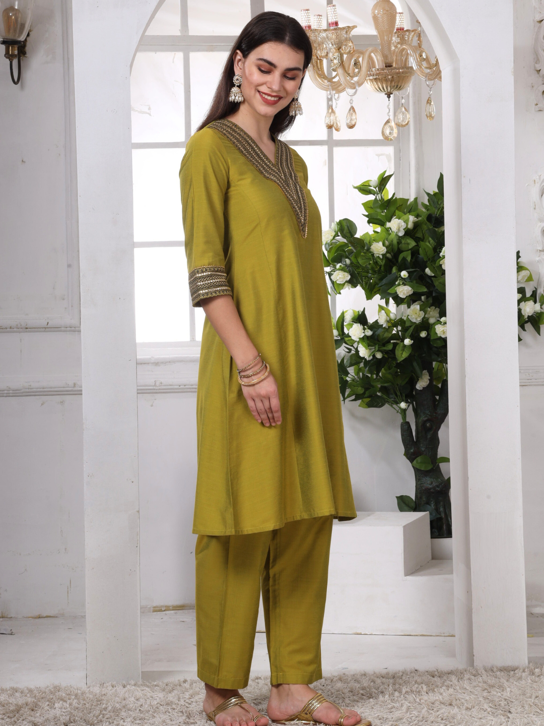 Green Art Silk Embroidered Lace Kurta and Palazzo Set