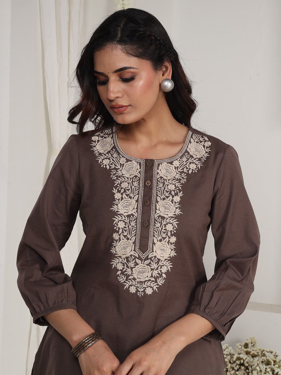Vintage Walnut Embroidered Kurta Set with Piping Salwar