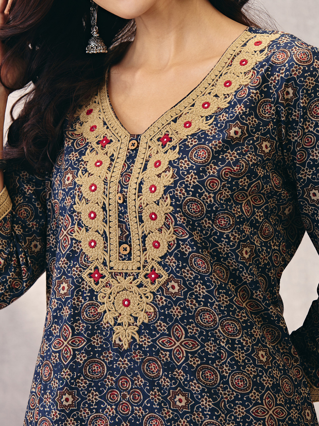 Navy Blue Sanganeri Block Motifs Kurta with Embroidery