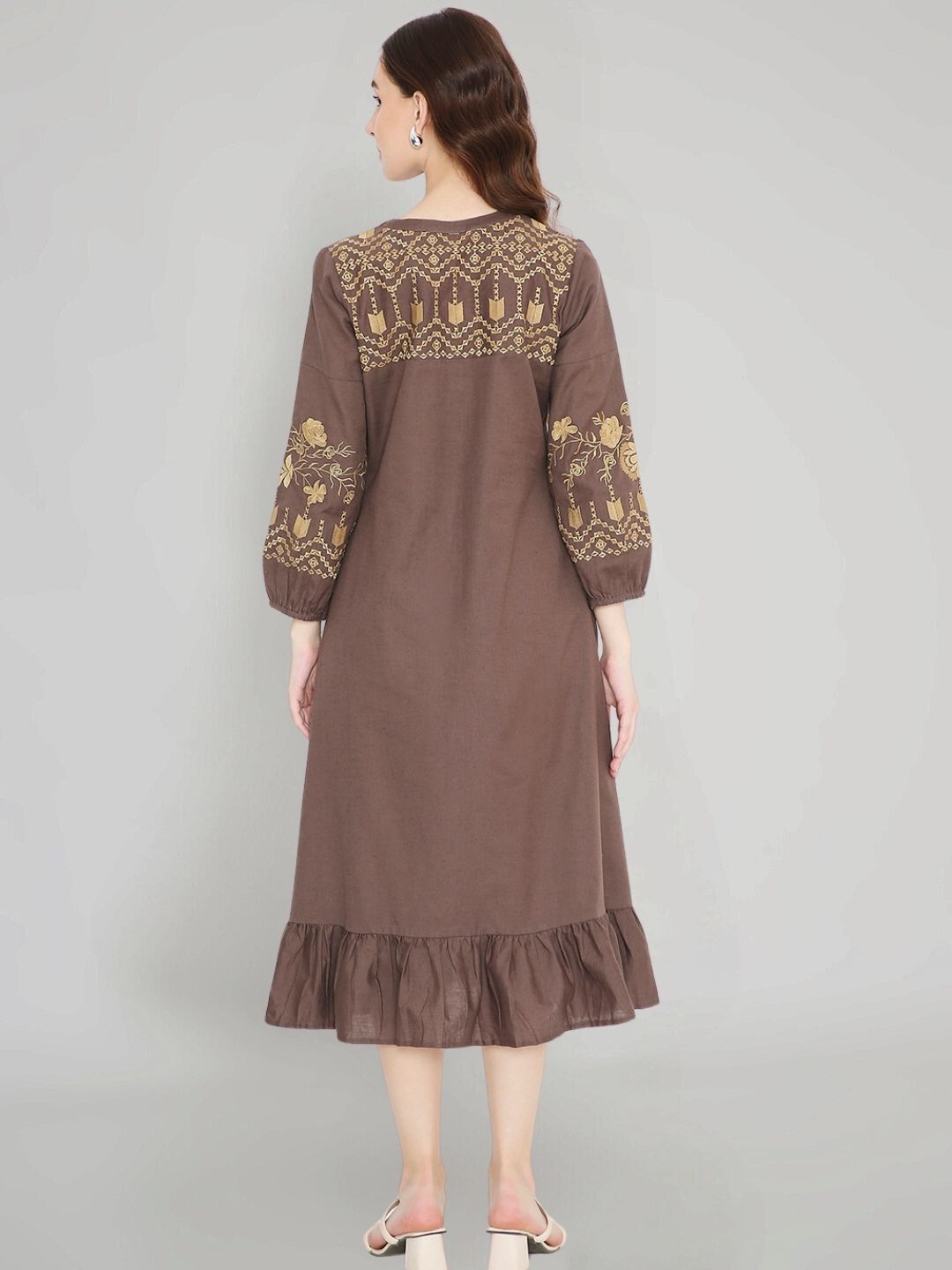 Brown Boho Midi Dress with Embroidered Details