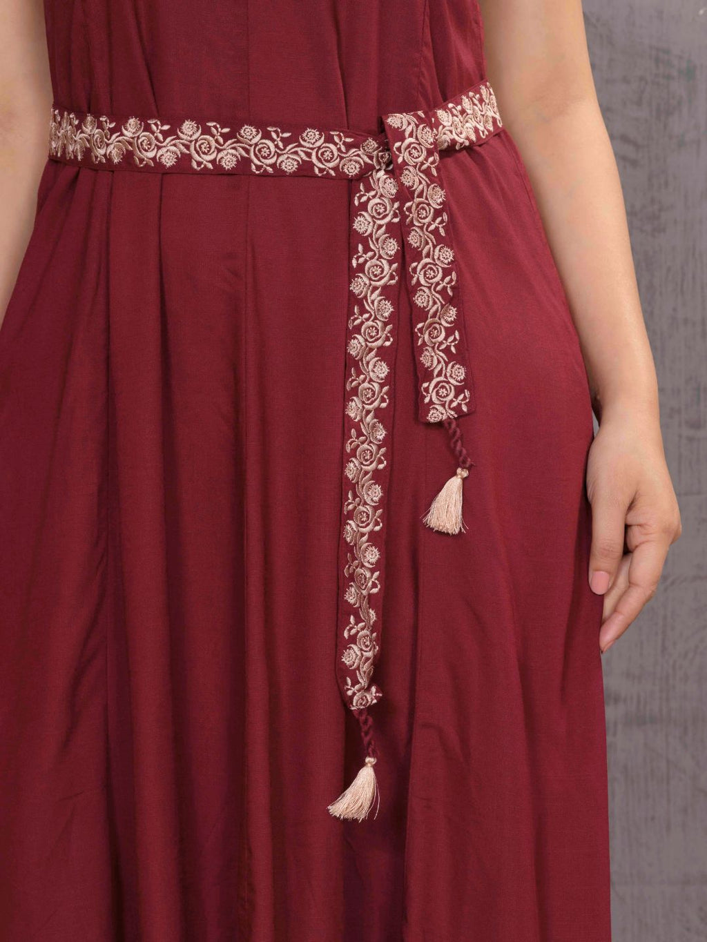 Vintage Wine Parsi Gara Belted A-Line Dress
