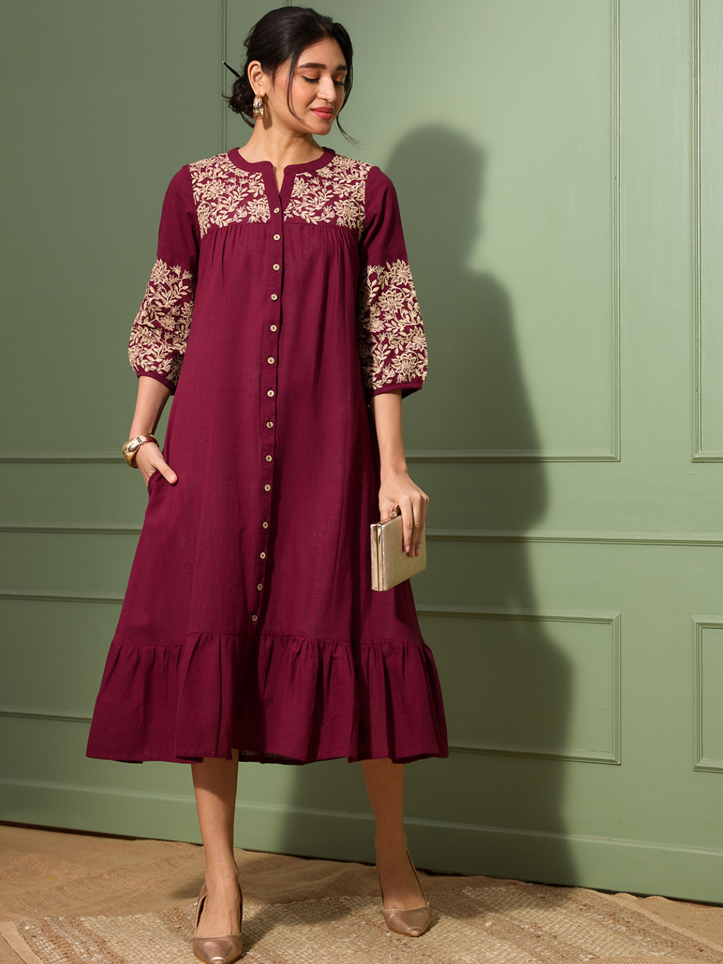 Burgundy Boho Chic Embroidered Dress