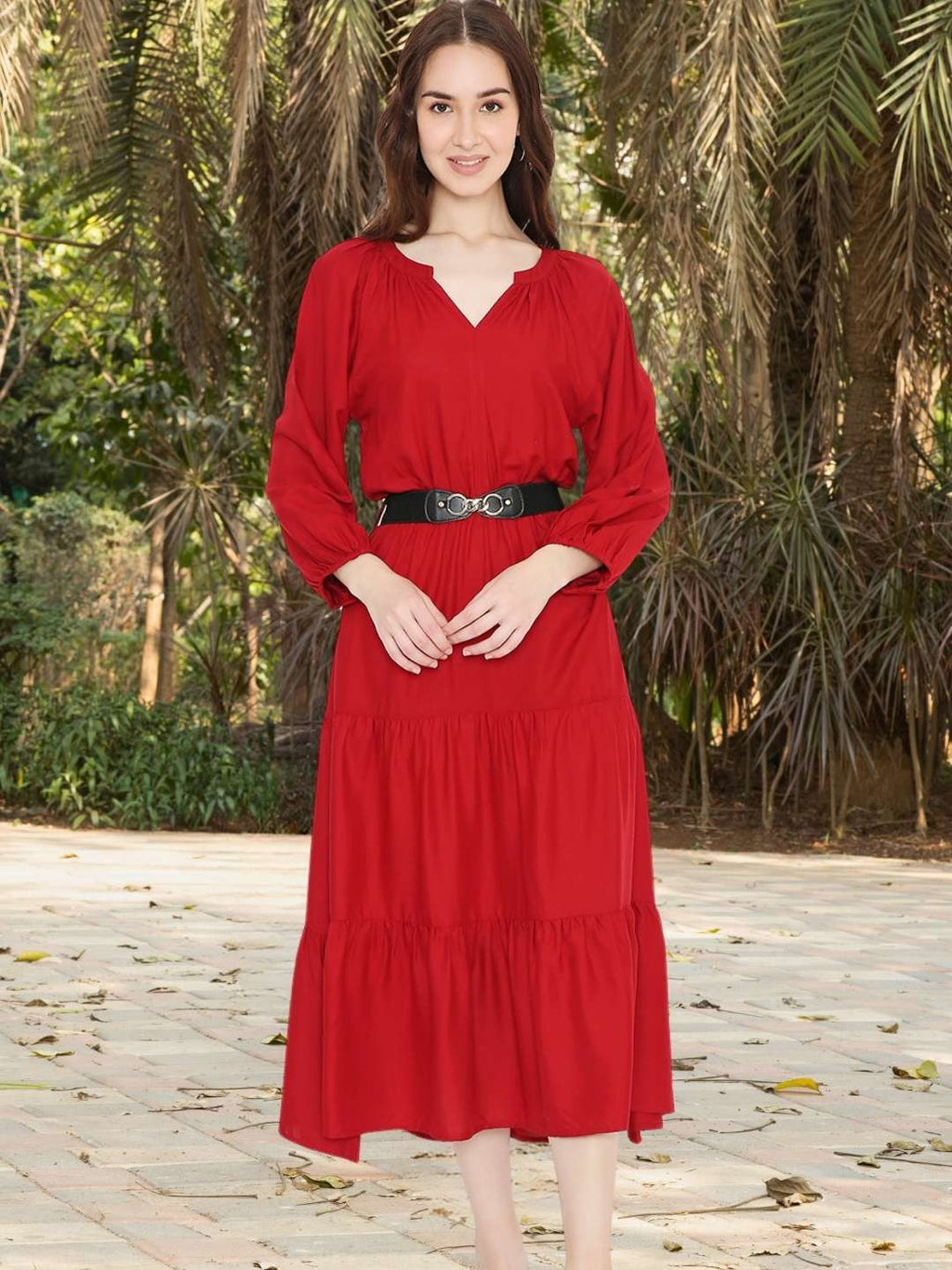 Red Tiered Midi Dress with Elastic Waist Belt