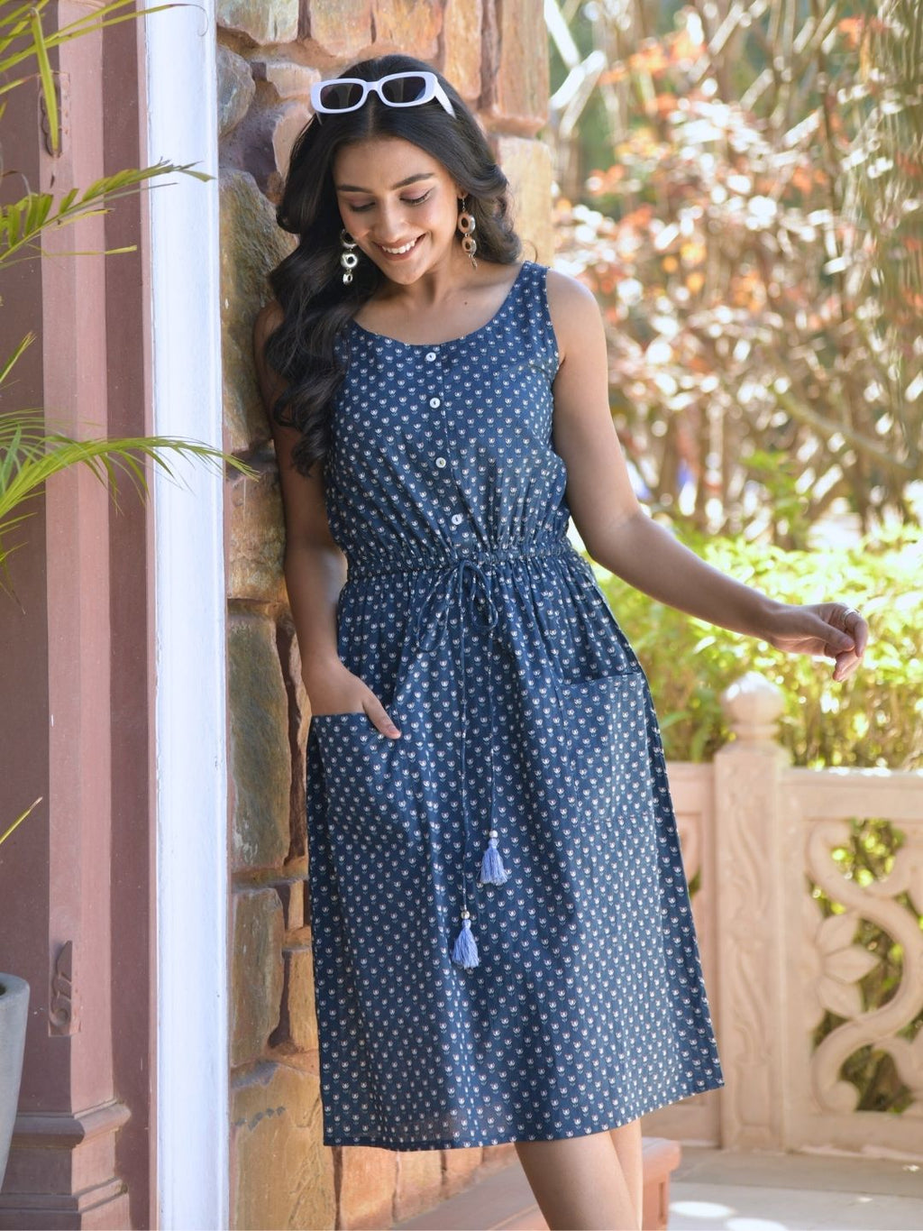 Navy Blue Lotus Print Midi Dress with Waist Tie-up