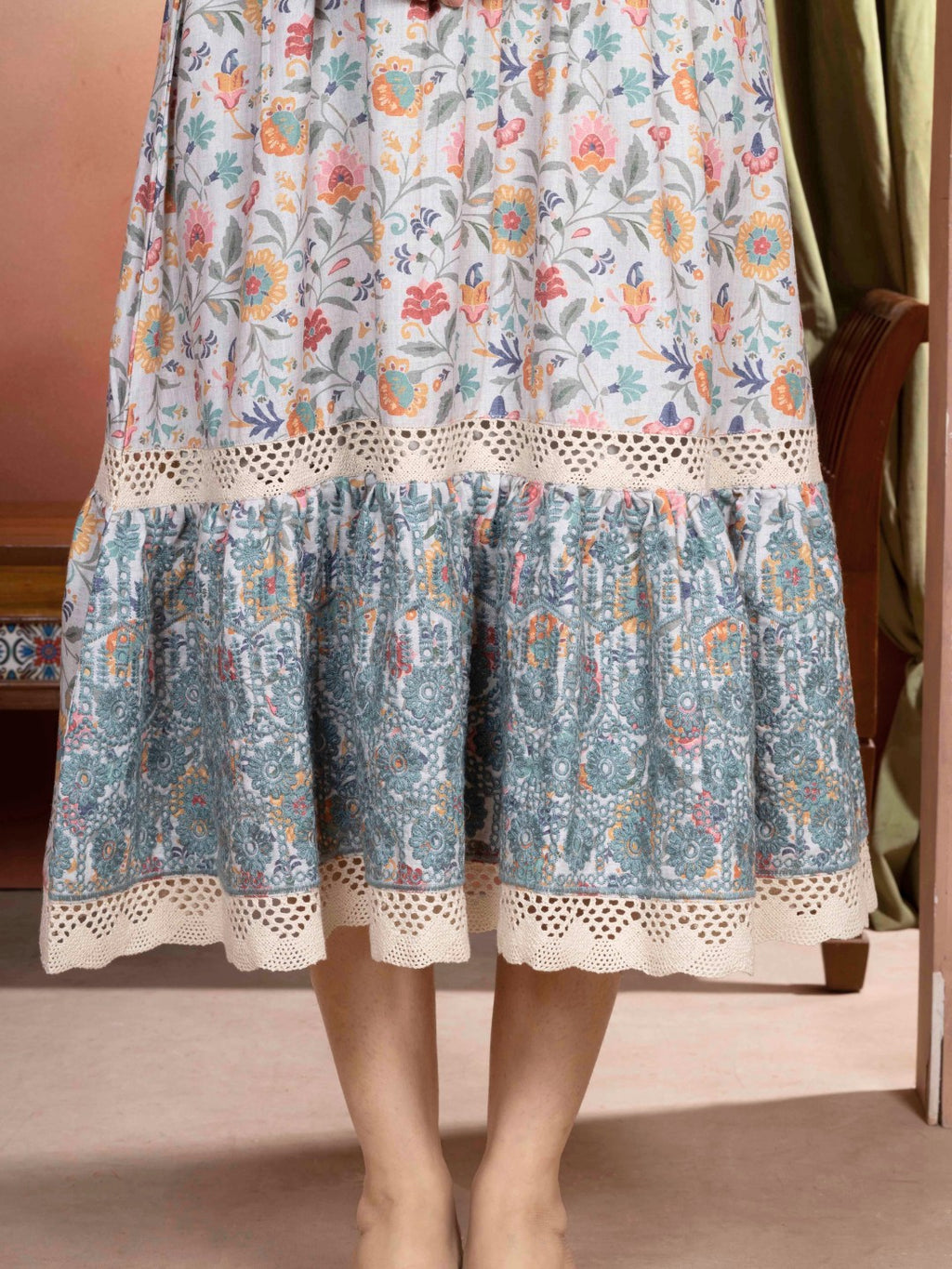 Candlelit Beige Vintage Meadow Boho Tiered Dress