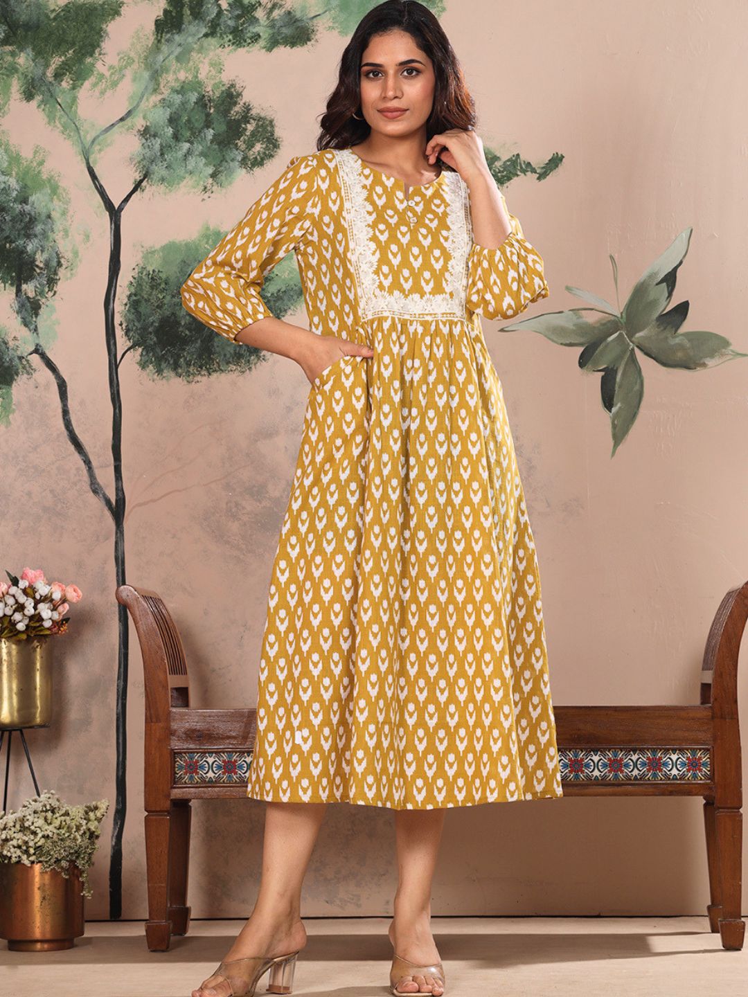 Golden Ochre Cotton Slub Dress Waist Yoke with Embroidery