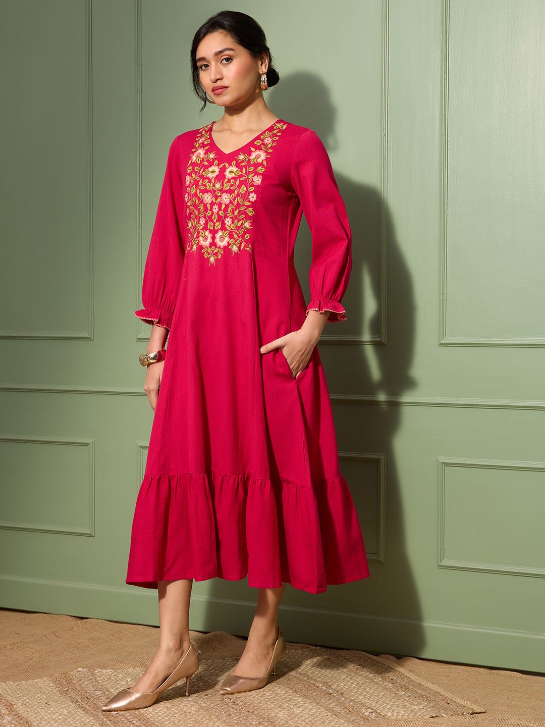 Orchid Magenta Embroidered Cotton Linen Dress