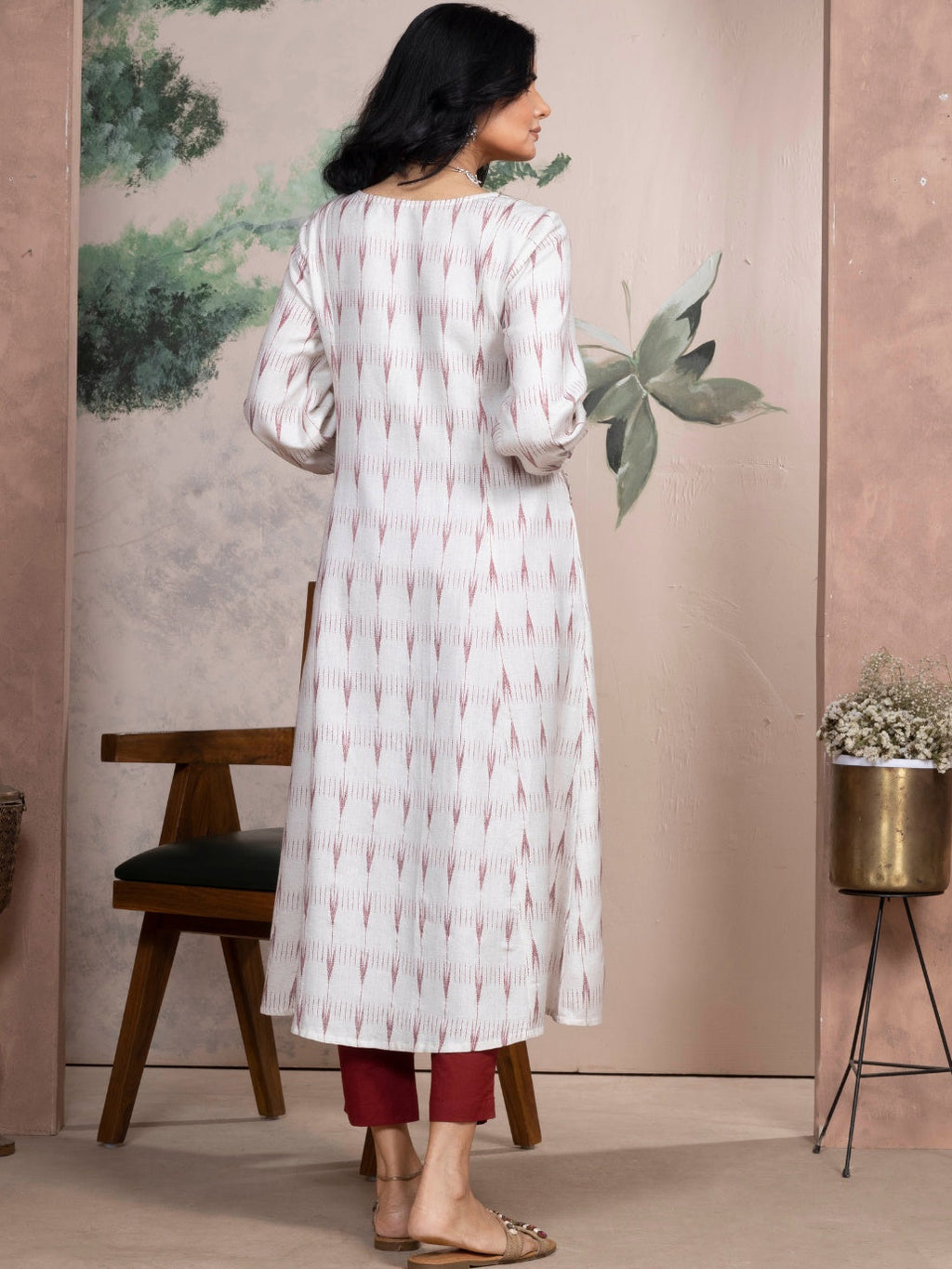 Ecru Dobby Kurta with Deep Red Motifs & Embroidered Yoke