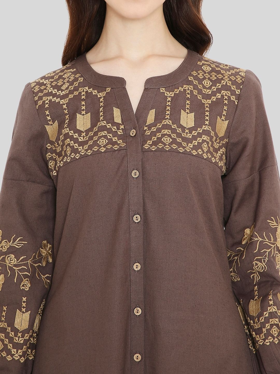 Brown Boho Midi Dress with Embroidered Details