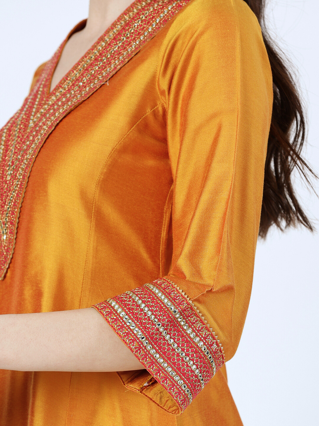 Orange Art Silk Embroidered Lace Kurta and Palazzo Set