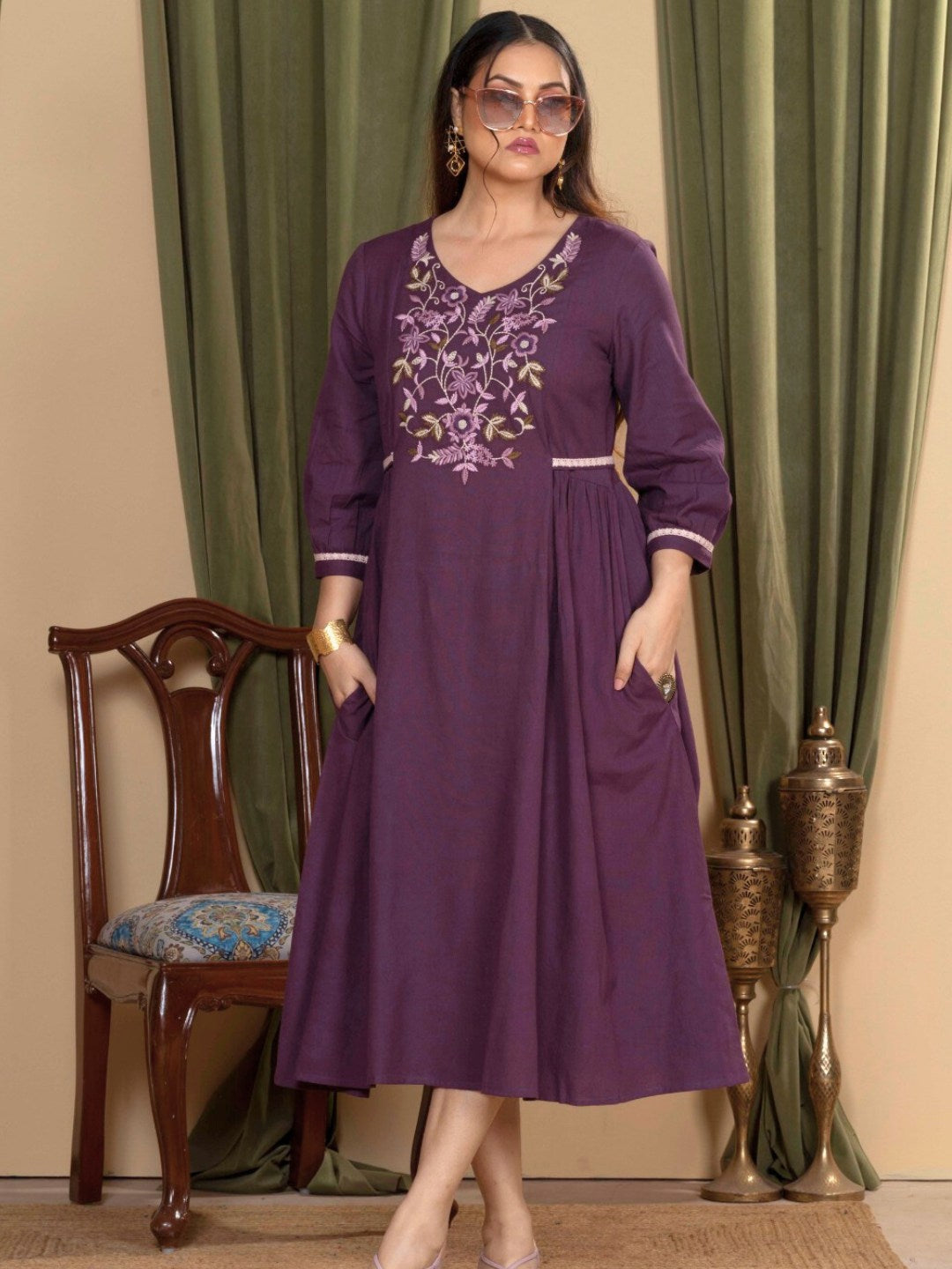 Aubergine Purple Embroidered Cotton-Linen Dress
