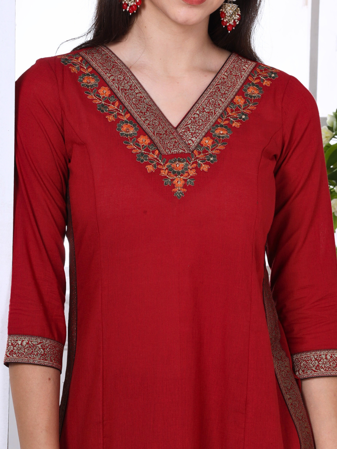 Red Cotton Embroidered Kurta Set with Brocade Lace