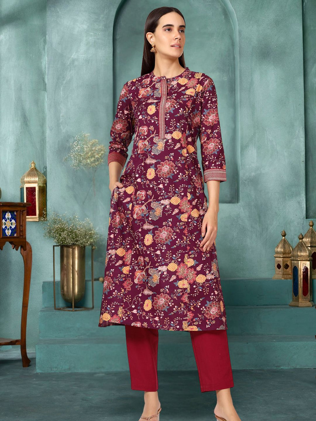 Wine Floral Print Cotton Kurta with Brocade Lace
