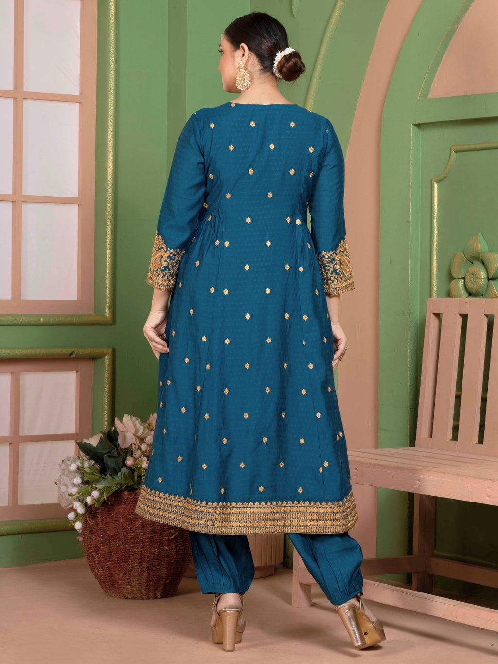 Midnight Teal Kashida Embroidered Fit and Flare Kurta with Salwar and Dupatta
