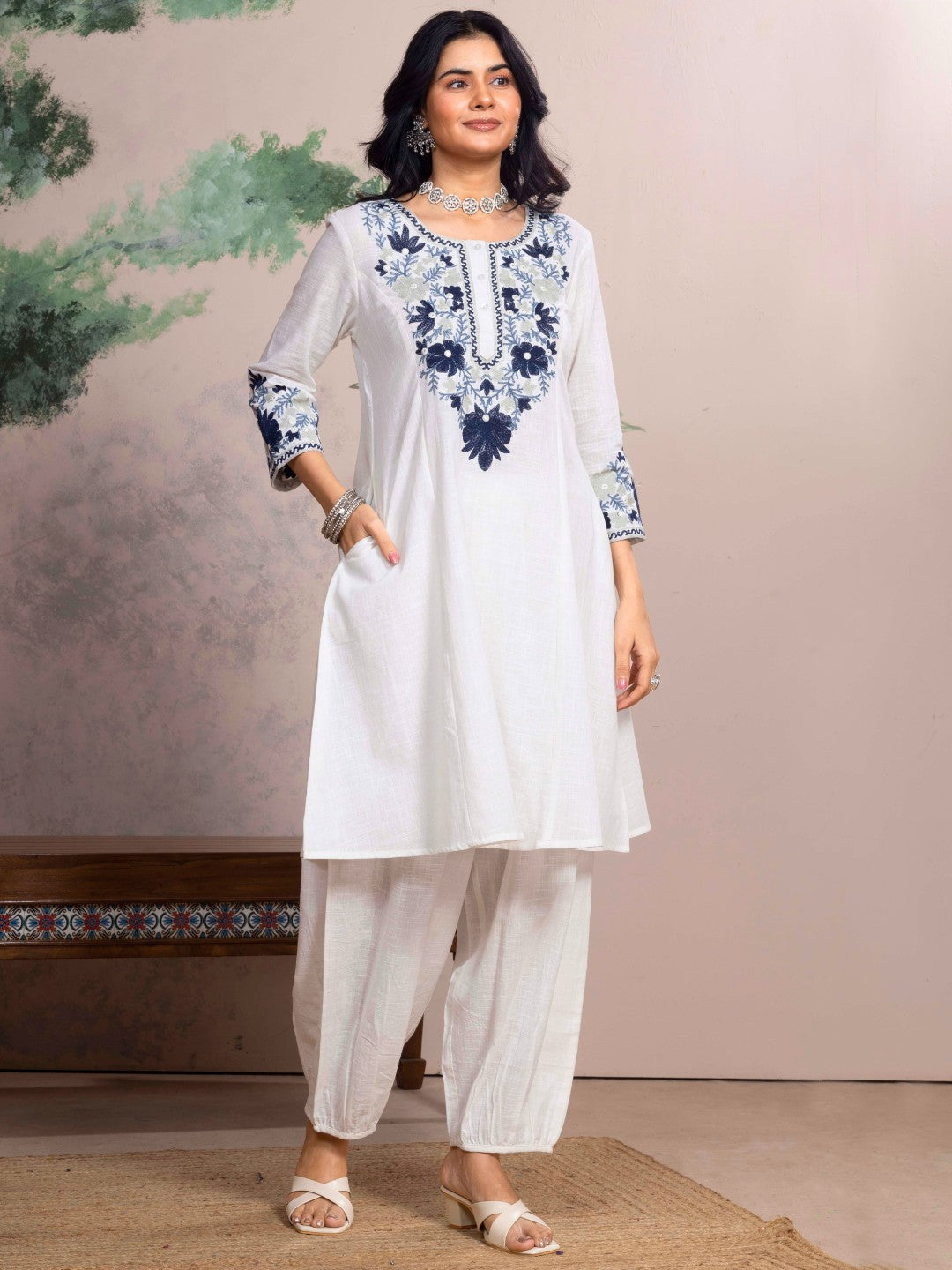 Soft White Kashida Embroidered A-Line Cotton Kurta Set with Salwar