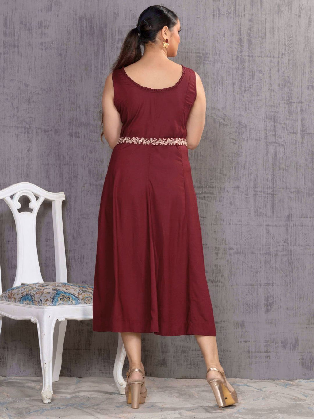 Vintage Wine Parsi Gara Belted A-Line Dress
