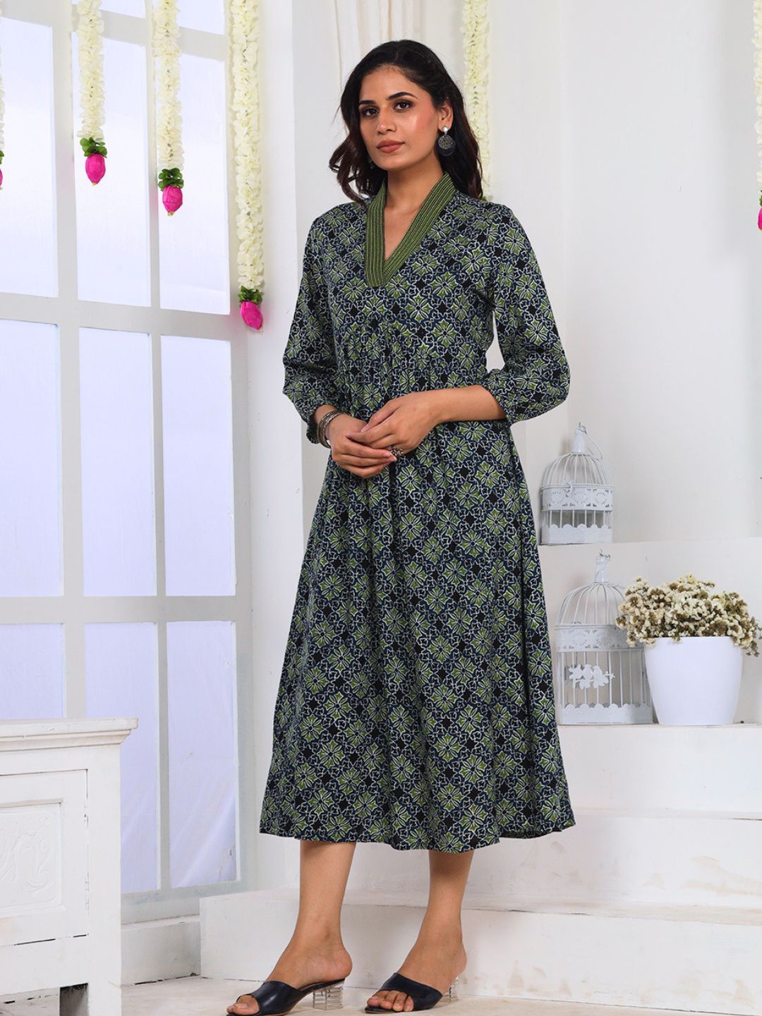 Blue Green Printed A-Line Dress with Embroidery and Pockets